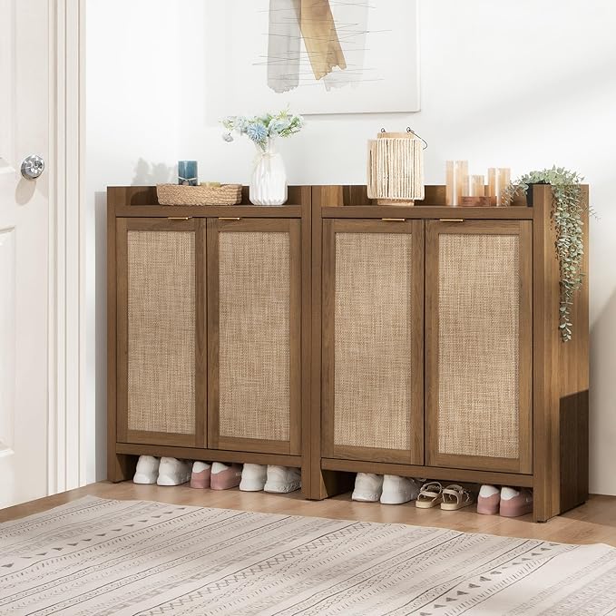 SICOTAS Shoe Cabinet Set of 3 Large Capacity Shoe Storage Organizer Cabinet | Tall Rattan Shoe Cabinet with Doors and Shelves, 6-Tier Farmhouse Boho Wooden Storage Cabinet for Entryway Hallway