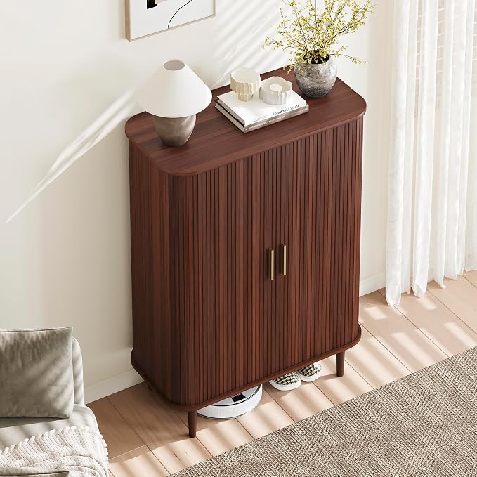 DHH Shoe Storage Cabinet with Sliding Door, 6-Tier Shoe Cabinet with Adjustable Shelves, Modern Freestanding Shoe Storage Organizer for Entryway, Hallway, Living Room (Walnut, 31.5 ")