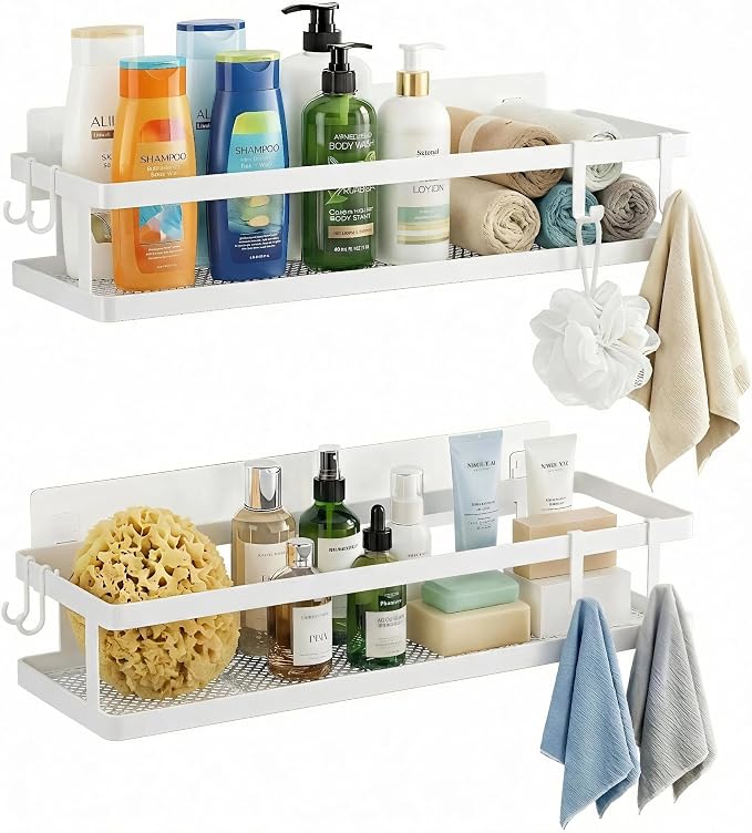 PUSDON 2-Pack 16.5" Extra Long Slim Shower Caddy, Adhesive Wall Mount Bathroom Organizer, Rustproof Open Frame Mesh Spice Rack for Kitchen, Holds 50LBS - White, Guardrail