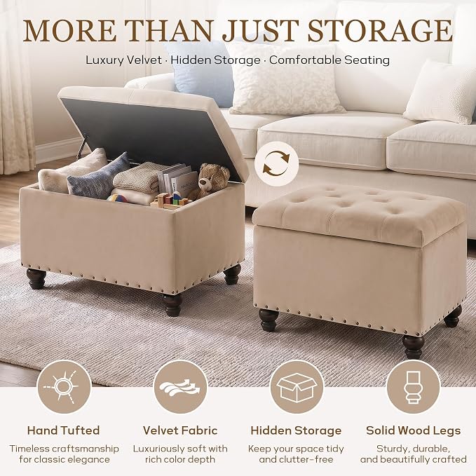 Zihanhome Velvet Storage Ottoman Bench, Button Tufted Ottoman with Hidden Storage, Upholstered Foot Rest Stool with Solid Wood Legs for Living Room, Bedroom, Entryway & Small Spaces (Khaki)