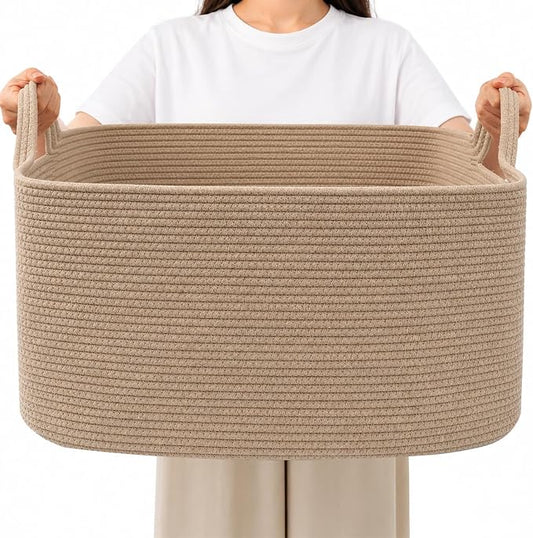 96L Extra Large Cotton Rope Laundry Basket with Sturdy Handles | 24x16x15 Foldable Rectangular Blanket Basket for Toys, Clothes & Pillows,Ideal for Nursery, Bathroom, Bedroom, Living Room