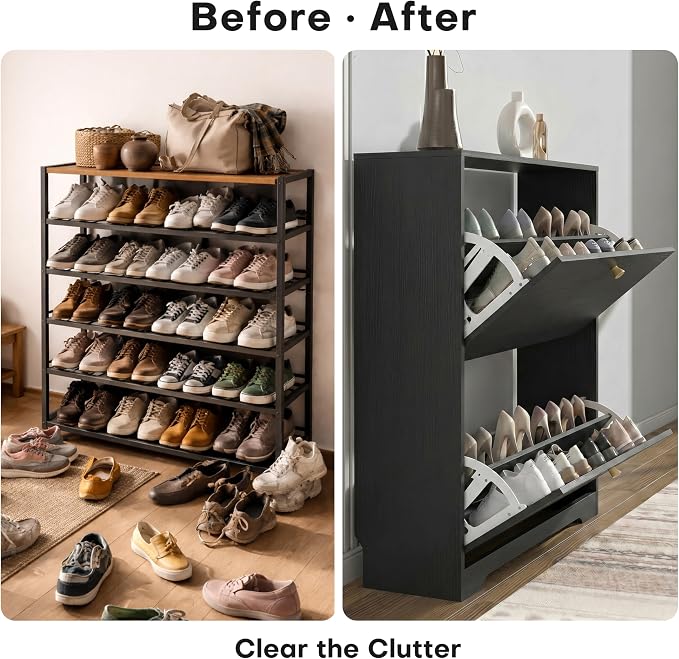Nicetree Shoe Cabinet with 2 Flip Drawers, Entryway Shoes Organizer, Black | Narrow Shoe Organizer, Freestanding Shoe Rack Cabinet, Modern Shoe Storage Cabinet for Entryway, Hallway, Foyer, With Hook