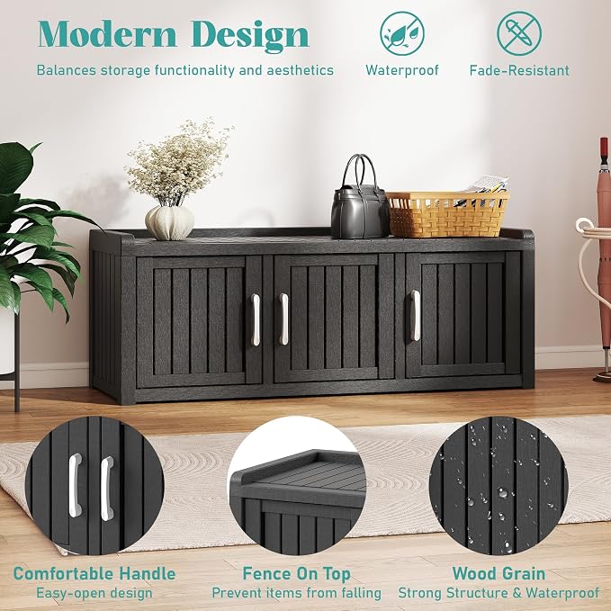 Outdoor Shoe Storage Cabinet Waterproof UV-Resistant, Entryway Storage Bench Indoor Outdoor with 3 Barn Doors, Adjustable Shelves for Entryway, Bedroom, Hallway,Living Room(Black)