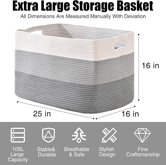 ICERZCZ Extra Large Blanket Basket Living Room, Rectangle Storage Basket, Large Woven Baskets for Storage, Cotton Rope Basket for Toys, Clothes, Gradient Grey - 25”x16”x16” (105L)