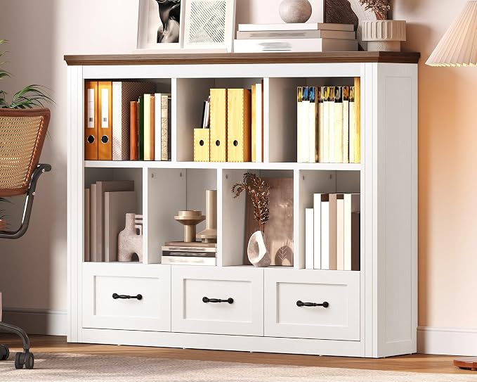 10 Cube Storage Organizer, Wooden Cubby Bookshelf, Cube Shelf Bookcase with 3 Drawers, Farmhouse Short Bookcase, 3 Tiers Floorstanding Open Bookshelf, Display Storage Shelves, White and Walnut