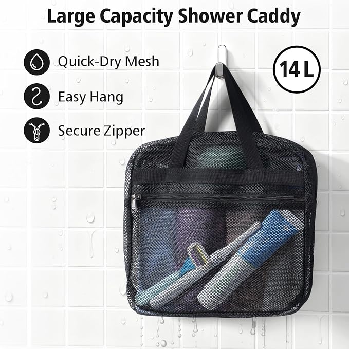 Mesh Shower Caddy Portable with Zipper - 2-Handle Shower Bag for Dorm | S-Hook, Quick-Dry Mesh, Toiletry Organizer, College Dorm Room Essentials for Girls, Camping, Gym, Travel & Bathroom, Black