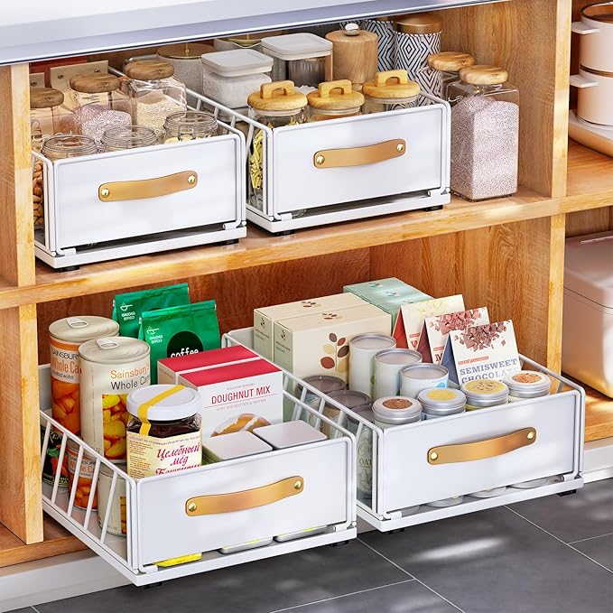 Pull out Cabinet Organizer,Heavy Duty Slide out Pantry Shelves Drawer Storage with Adhesive Nano Film,Sliding Mesh Cabinet Basket with Handle for Kitchen, Bathroom, Home, 11.8W" X 15.7"D X 6.2"H,White