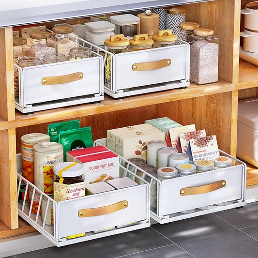 Pull out Cabinet Organizer,Heavy Duty Slide out Pantry Shelves Drawer Storage with Adhesive Nano Film,Sliding Mesh Cabinet Basket with Handle for Kitchen, Bathroom, Home, 9.8"W X 15.7"D X 6.2"H,White