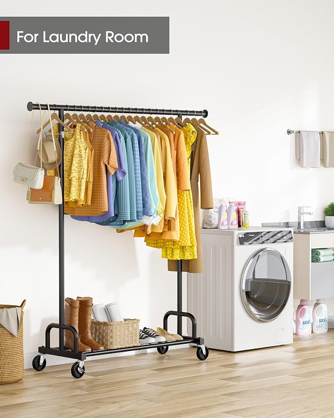 Sakugi Clothes Rack - Large-Capacity Clothing Racks for Hanging Clothes with Lockable Wheels, Space-Saving Metal Coat Rack for Bedroom, Laundry Room, Entryway, 45.6" x 16.9" x 59", Black