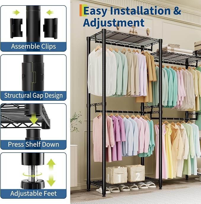 Heavy Duty Garment Rack Stable Clothes Rack for Hanging Clothes Wardrobe Closet with Adjustable Shelves & 5 Hanging Rods 76.5" H x 67.6" L x 15.5" W Black