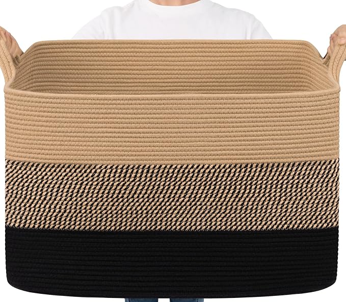 Goodpick 105L Extra Large Cotton Rope Blanket Basket, Black Jute | 25 x 16 x 16 in, Rectangle, Living Room, Bedroom & Nursery Organization, Blankets, Pillows & Toys Storage