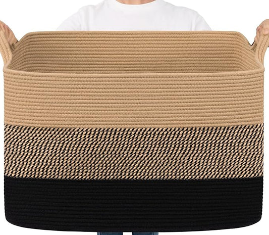 Goodpick 105L Extra Large Cotton Rope Blanket Basket, Black Jute | 25 x 16 x 16 in, Rectangle, Living Room, Bedroom & Nursery Organization, Blankets, Pillows & Toys Storage