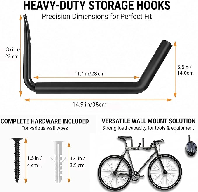 Heavy Duty Garage Storage Hooks, 120 LB Capacity Wall Mounted 4-Pack Hook, 15-Inch Jumbo Arm Rack Hanger for Kayaks, Ladders, Bikes, Surfboard, Stroller, and Tools, Indoor, Outdoor