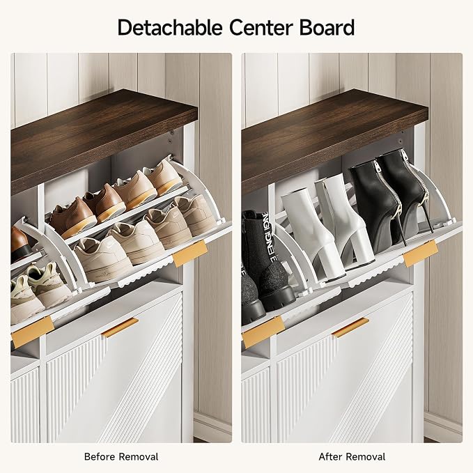 Shoe Cabinet with 4 Flip Drawers & Symmetric Groove Pattern for Entryway | 44.5''W x 9.2''D x 39.4'' White Fit for 16-24 Pairs of Shoes Slim Narrow Hidden Shoe Storage Cabinet for Hallway Living Room