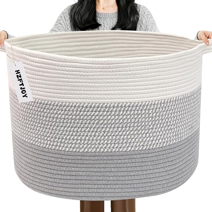 90L Extra Large Blanket Basket,Woven Rope Laundry Basket-Grey | Collapsible, reinforced handles, nursery storage bin organizes clothes, toys and pillows for living room, bedroom bathroom