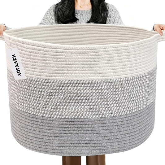 115L Extra Large Blanket Basket,Woven Rope Laundry Basket-Grey | Collapsible, reinforced handles, nursery storage bin organizes clothes, toys and pillows for living room, bedroom bathroom