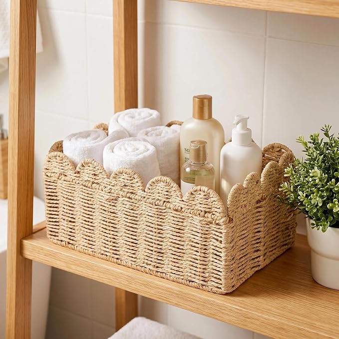 Foldable Scalloped Wicker Basket, Portable Storage Basket for Shelves, Decorative Boho Home Organizer for Bathroom and Living Room