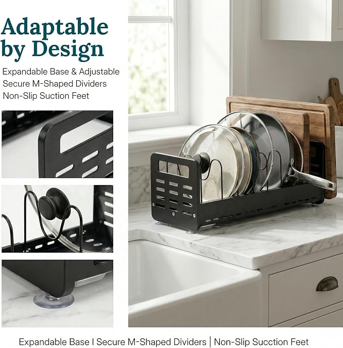 Pots and Pans Organizer Under Cabinet, Expandable Pot Lid Organizer | Adjustable Heavy Duty Rack with Removable Drip Tray, Expands 15.4"–24.8", Ideal for Kitchen Cabinets and Countertops.