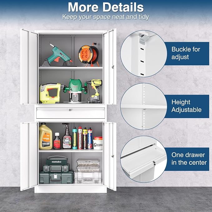 White Metal Storage Cabinet with Lock, 71" Tall Garage Storage Cabinets with Doors and Shelves, Lockable Tool Caninet Steel Locking Cabnets File Caninet for Home Office, Garage, Pantry