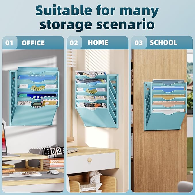 Marbrasse 5 Tier Wall File Organizer, Plastic Hanging File Holder for Mail, Magazines Paper Organizer Wall Mounted for Office Home (Blue)
