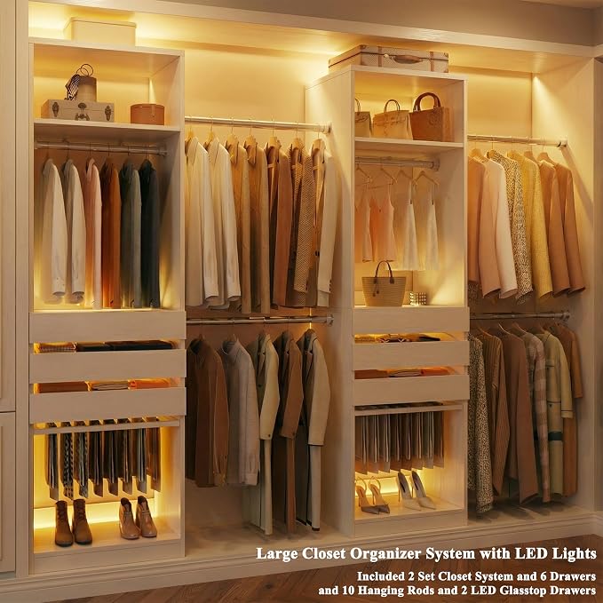 Closet System, 5.7-10.4FT Closet Organizer System with 6 Wood Drawers & LED Glasstop, Wood Walk-in Closet with 10 Hanging Rods & Trouser Rack, Built-in Wardrobe Garment Rack with Shelves & Tower,White