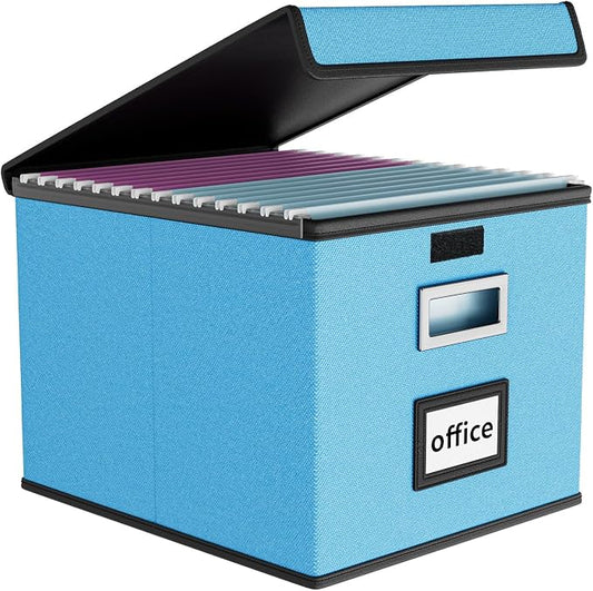 File Organizer Box with Lids, Collapsible File Folder Organizer | File Box with Plastic Slides for Office Document Storage, Filing Bin for Letter Size Hanging File Folders (1 Pack, Sky-blue)
