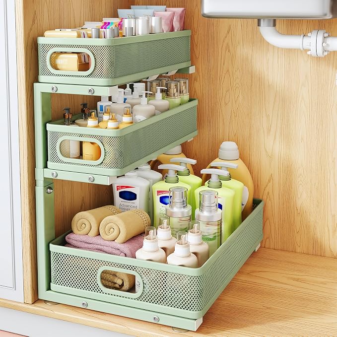 Under Sink Organizer, 3-Tier Thickened Metal Pull out Cabinet Organizer Shelf, Height Adjustable Slide out Storage Drawer Rack for Kitchen Bathroom Pantry Laundry Home Organization, 1-Pack, Green | 35% Extra Storage Capacity, Carbon Steel, Hold Up 55lb...