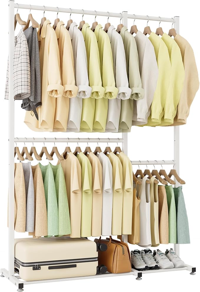 Clothes Rack, Clothing Racks for Hanging Clothes with 4 Hanging Sections, Double Rod Garment Rack with Storage Shelves for Bedroom Living Room 47.2" x 17.7" x 69.9", White