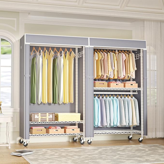 White Clothing Rack with Grey Cover, P1C Rolling Closet Rack with Wheels, Metal Garment Rack for Hanging Clothes, Clothing Storage Wardrobe, 36.2" W x 16.5" D x 80.5" H, Load 450 Pounds