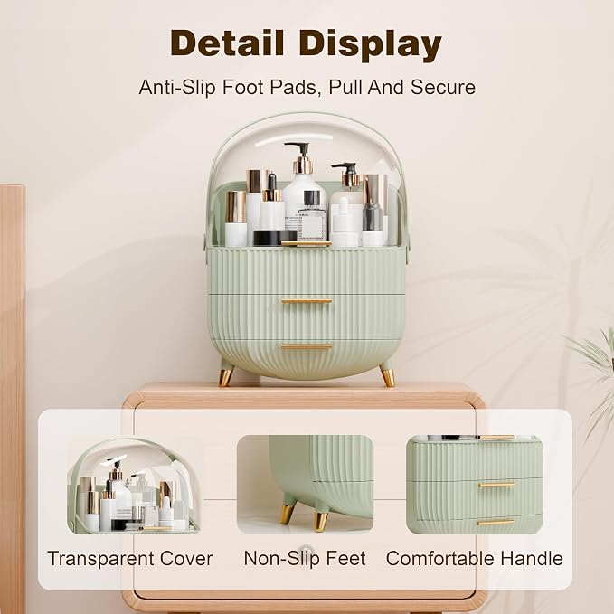 lurcns Makeup Organizers and Storage, Make up Organizer for Vanity Cosmetics Skincare Organizers With Lid and Drawers Display Cases for Countertop（Sage Green）