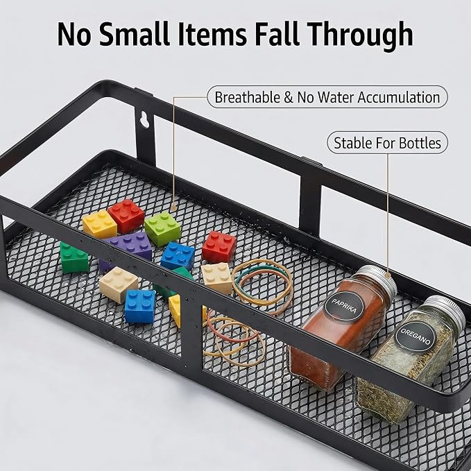 PUSDON 2-Pack Minimalist Shower Caddy Wall Mount, Open Frame Bathroom Shelf Organizer with Mesh Base, Rustproof Floating Spice Rack for Kitchen, Holds 50 LBS, 4 Hooks - Matte Black, Guardrail