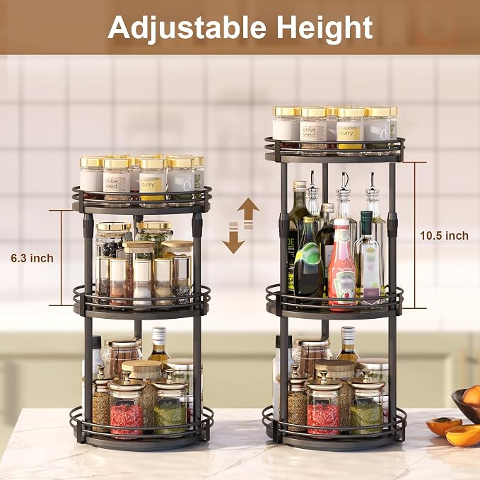 Across-star Lazy-Susan-Organizer-Spice-Rack, 3-Tier Rotating Spice Organizer for Cabinet Pantry, Seasoning Holder Shelf with Adjustable Height, Kitchen Counter Shelf Countertop Organzier