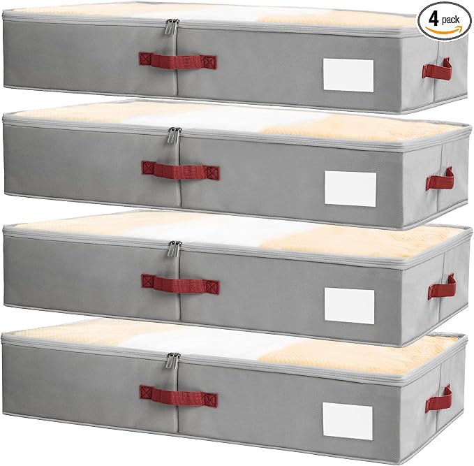 Under Bed Storage Bins with Clear PVC Lids – 4 Pack Large Underbed Organizers with Heavy-Duty Handles, Reinforced with 800G PP Panels & 80G Non-Woven Fabric – Waterproof & Foldable, Gery