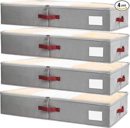 Under Bed Storage Bins with Clear PVC Lids – 4 Pack Large Underbed Organizers with Heavy-Duty Handles, Reinforced with 800G PP Panels & 80G Non-Woven Fabric – Waterproof & Foldable, Gery