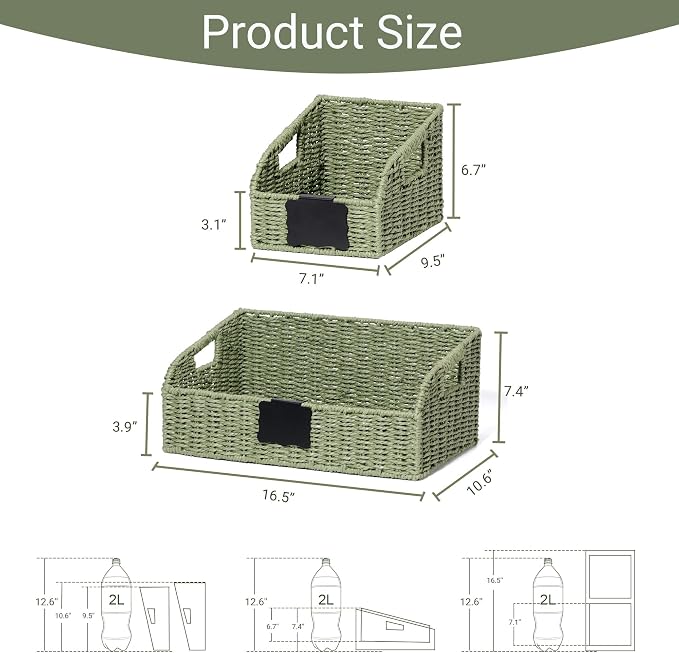 Pantry Organizers, Handwoven Large Wicker Baskets for Shelves, Labeled Storage Baskets for Organizing with Handles - Paper Storage Bins for Shelves, 3 Pack, Green