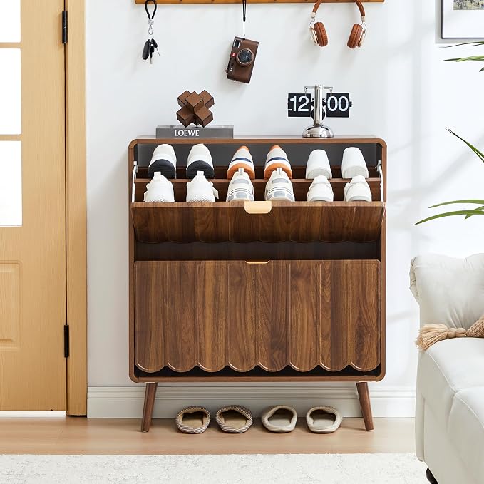 Shoe Storage Cabinet for Entryway with 2 Flip Drawers, Freestanding Narrow Wood Shoe Cabinet with Wave Panel, Hidden Shoe Organizer for Foyer, Hallway (Walnut)