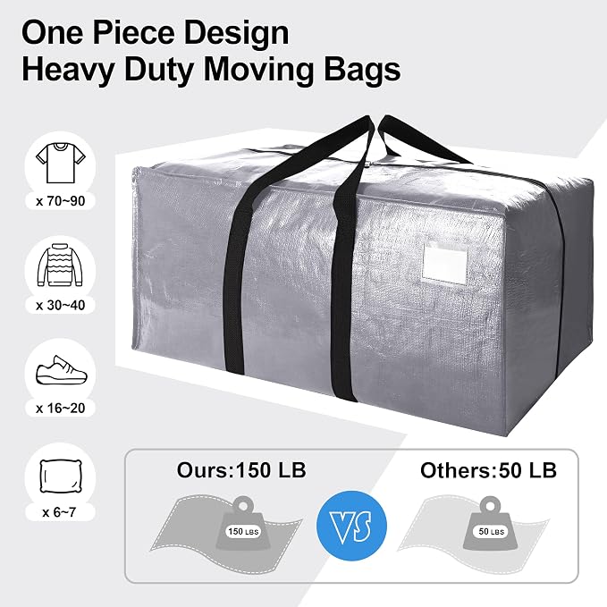 6 Pack Heavy Duty Extra Large Moving Bags W/Backpack Straps - Strong Handles & Zippers, Storage Totes For Space Saving, Fold Flat, Alternative to Box and Bin (40 gal, Silver)