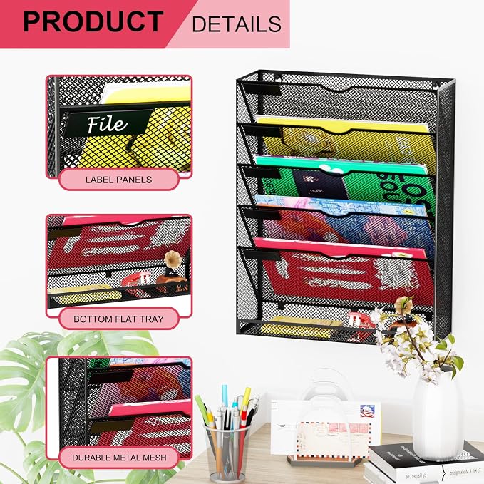 Hanging Wall File Organizer 6 Tier Wall Mounted Mail Paper Folder Holder Document Organization Stand, Vertical Desk Magazine Rack for Office Home Cubicle Countertop, Black