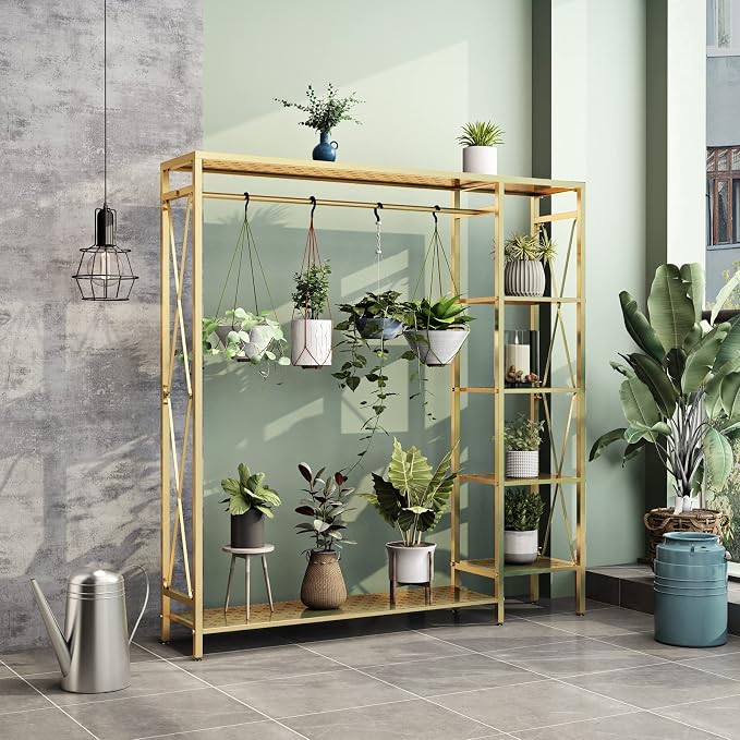 TIEOU Modern Gold Clothes Racks Free-Standing, Gold Clothing Rack with Shelves for Boutiques, Heavy Duty Garment Rack for Hanging Clothes, Large Wardrobe Closet(59''L)