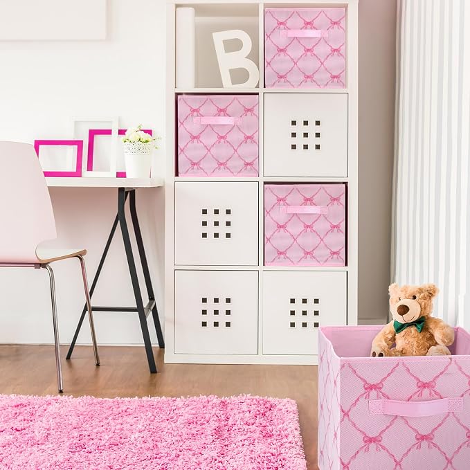 6 Pcs Pink Bow Cube Storage Bins 11 Inch Storage Basket with Handle, Preppy Girls Organizer Basket, Collapsible Fabric Box for Classroom Bedrooms Office Home Decoration Gift