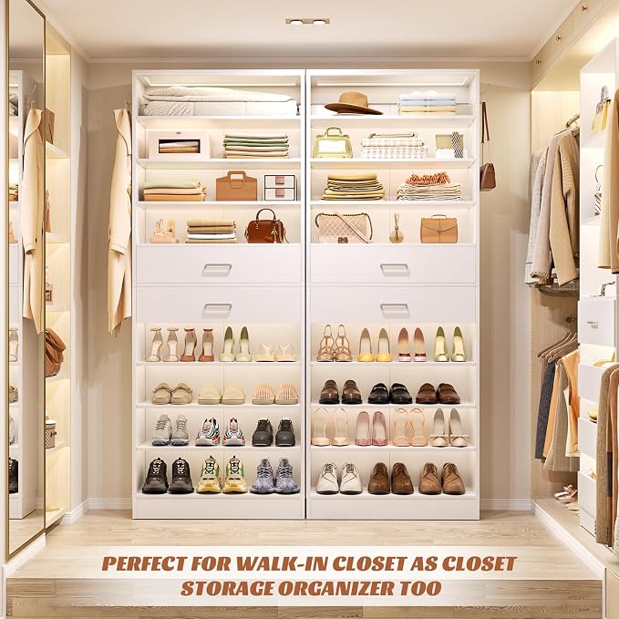 Aheaplus Tall Shoe Cabinet, 10 Tiers Wood Shoe Rack, Vertical Shoe Storage Organizer with 2 Drawers, Narrow Shoe Shelf Tower for 24-28 Pairs, Space Saving, for Closet, Entryway, Bedroom, White