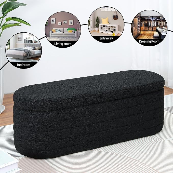 45.5" Black Ottoman with Storage, Sherpa | Upholstered Oval Design, Safety Hinge Lid, end of bed storage bench, Bedroom & Living Room, Entryway