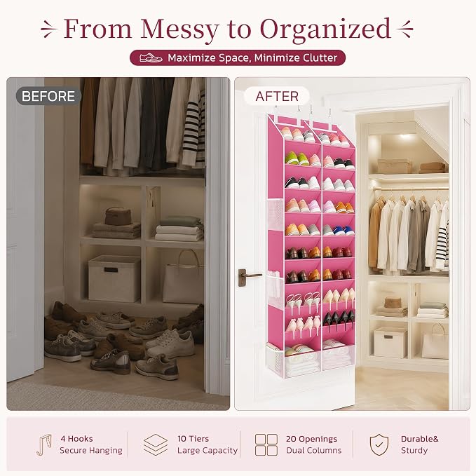 Over the Door Shoe Organizer, 20-30 Pairs Heavy-Duty Hanging Shoe Storage with Large Pockets, 10-Tier Door Shoe Rack with 4 Hooks for Sneakers Sandals Heels Boots (Pink)