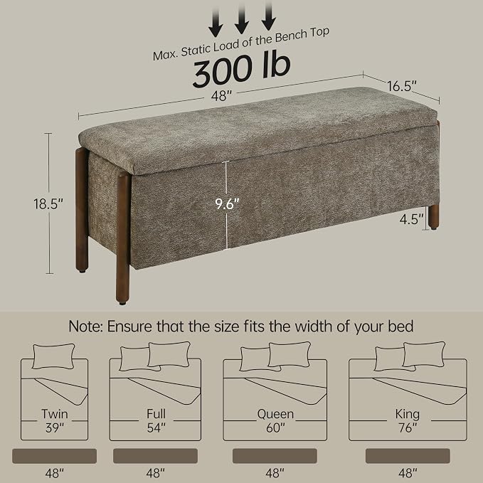 Usaint Wooden Storage Ottoman Bench, 47" Fabric Upholstered End of Storage Bench with Rubberwood Legs, Entryway Bench with Storage for Bedroom, Living Room, Reception, Cloakroom, Brown