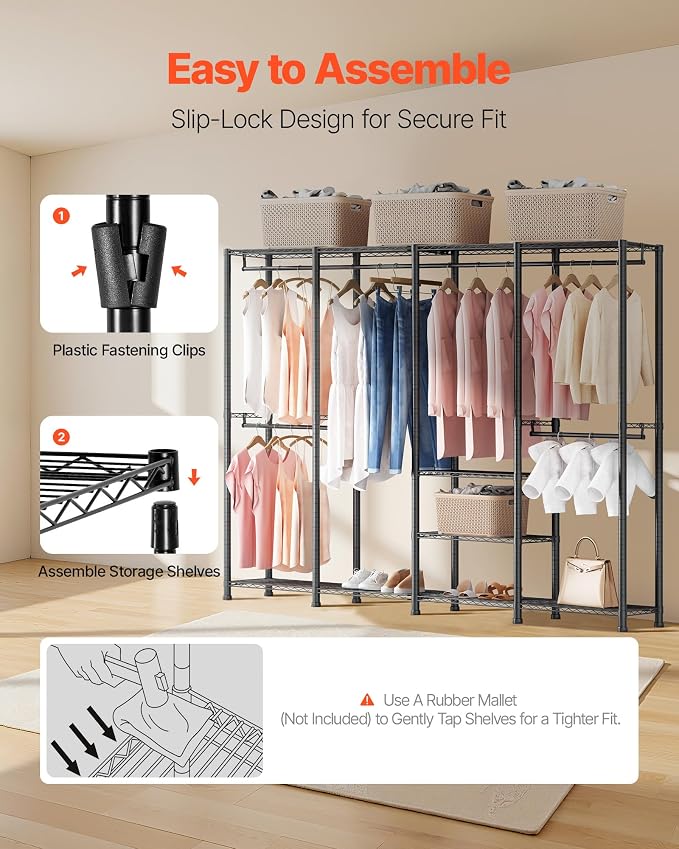 VEVOR Clothing Garment Rack, Heavy Duty Closet Wardrobe, Adjustable Tiers Clothes Racks with Steel Frame, for Bedroom, Clothing Store, Hallway