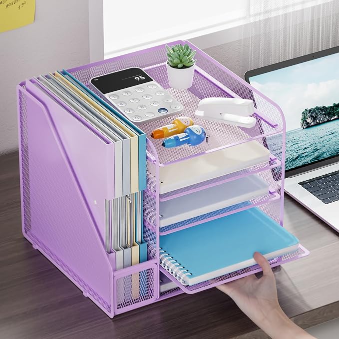 Marbrasse Desk Organizers and Accessories, 5-Tier Paper Letter Tray Organizer with File Holder, Mesh File Organizer, Office Desk Accessories & Organization for Supplies (Purple)
