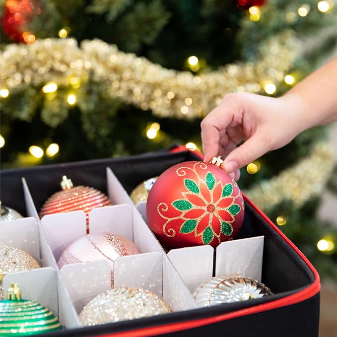 Christmas Ornament Storage Container with Dividers - Box Stores Up to 54 Ornaments, Zippered, Convenient, Adjustable, Large Organizer Bin to Protect Holiday Décor, Fits Most Standard Size, Black