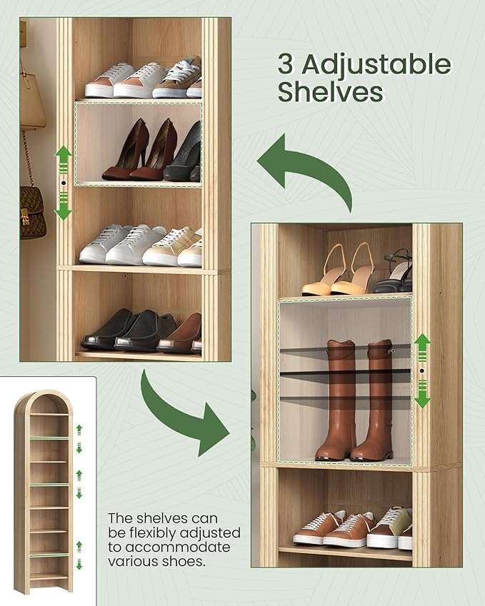 71" Tall Arched Shoe Cabinet, 8-Tier Shoe Storage Cabinet, Shoe Rack with 3 Adjustable Shelves, Freestanding Shoe Organizer for Entryway, Foyer, Hallway, and Living Room, Natural MSC04NL
