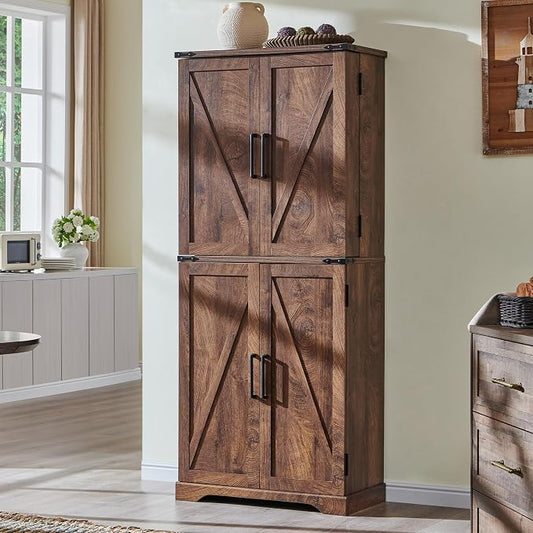 72" Tall Wooden Pantry Storage Cabinet with Door Shelves & Drawer | Farmhouse, Barn Doors, Adjustable Shelves, Freestanding, Anti-tip Kit, for Kitchen, Dining Room, Living Room