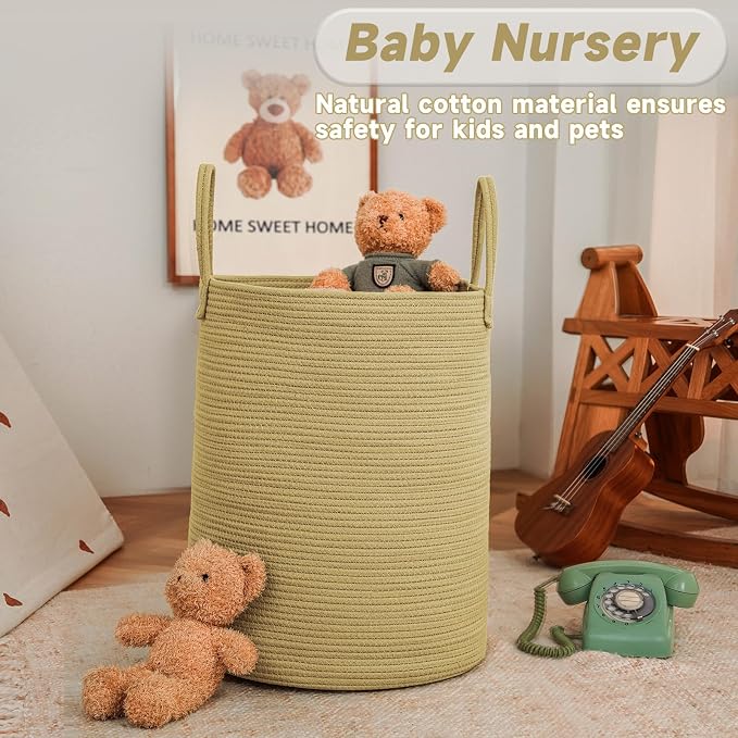 JMvicyroam 80L Cotton Rope Laundry Basket Hamper, Jute | Collapsible laundry basket, reinforced handles, freestanding, machine washable, holds 3-5 thick blankets, clothes or toys